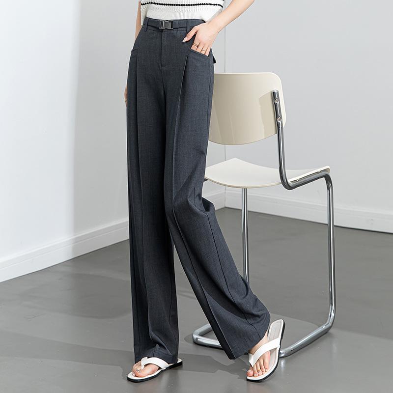 Summer thin Tencel straight-leg pants women's high-waisted thin and drape trousers loose wide-leg pants mopping dark gray belt