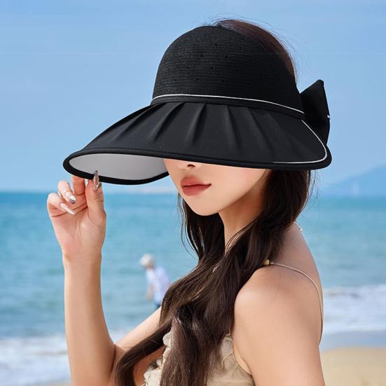 Women's Sun Visor Hat Summer Large Brim Fishing Cap with Bow UV Protection Half Open Top Beach Hat for Hiking Travel