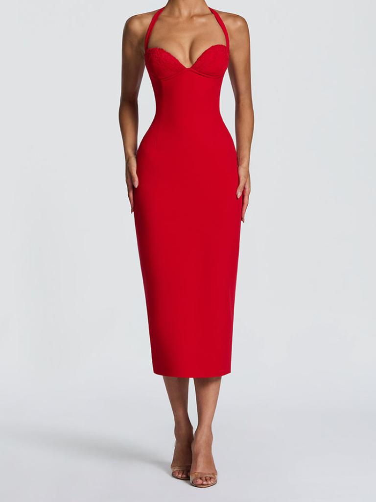 Spring new temperament sexy backless hip skirt European and American fashion solid color neck hip dress