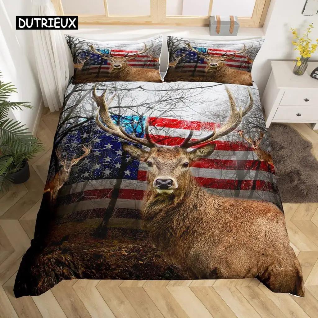 Camo Deer Duvet Cover Set Antlers Arrow Pattern Bedding Set Stripes Gird Camouflage Comforter Cover Microfiber King Quilt Cover
