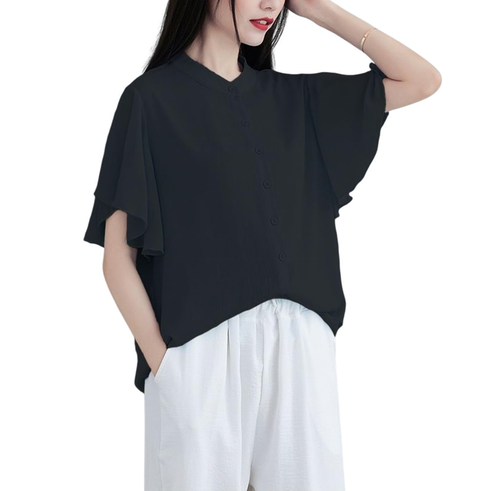 

Шифоновая блузка с коротким рукавом-фонариком для лета [Z8two], женская блузка, рукав, топ, освежающий, деловой, формальный, для работы, стильный, элегантный, чёрный