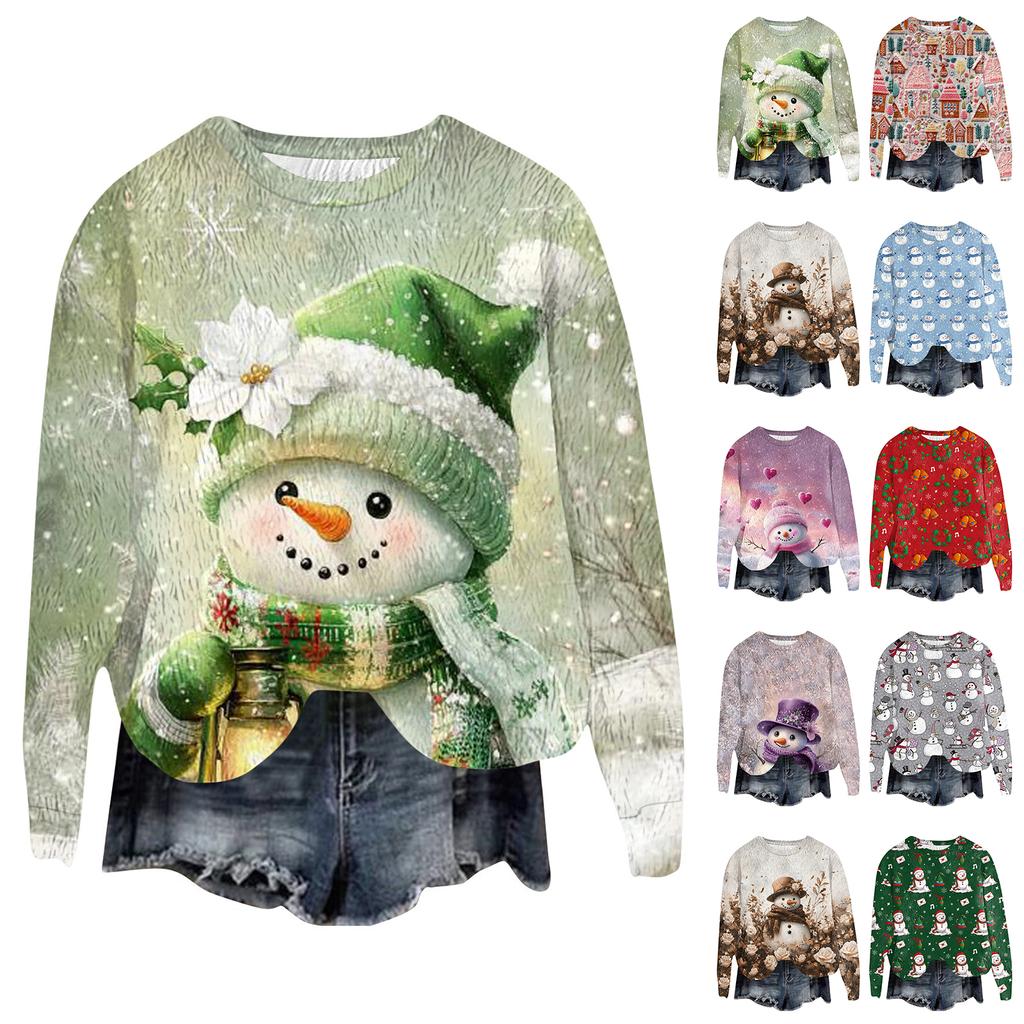 Women's Fashion Round Neck Pullover Top Long Sleeve Tee Christmas Printed Sweatshirt