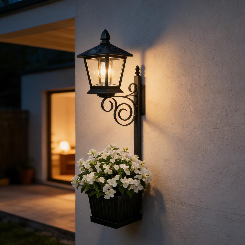 2 In 1 Outdoor Solar Lamp Post Light With Flower Planter, IP54 Metal Street Light Freestanding & Wall Mount Decorative Planter Lamp For Front Door