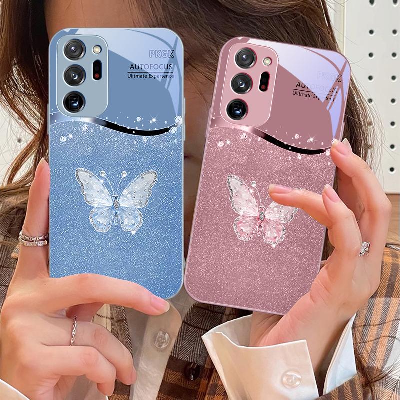 Gradient Diamond Butterfly For Samsung Galaxy Note 8 9 10 PRO 20 Ultra A01 02 03 Core 04E 4G 12 13 5G Tempering Glass Phone Case