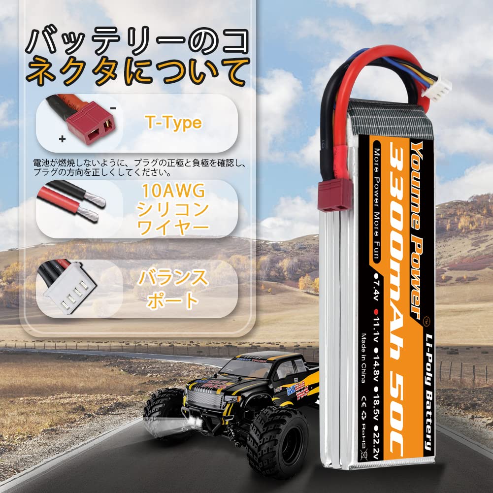 Youme Power 3S LiPo, 11.1V RC Lipo 3300mAh 50C Deans T-Plug for RC Cars, Trucks, Truggy, Airplanes, UAVs, Drones, FPV Gliders, 3D Planes, Parks,