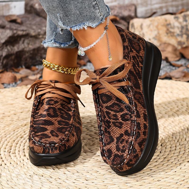 Fashion Casual Shoes Spring and Autumn Leopard Print Plus Size Single Shoes Lace-up Platform Heightened Round Toe Women's Shoes