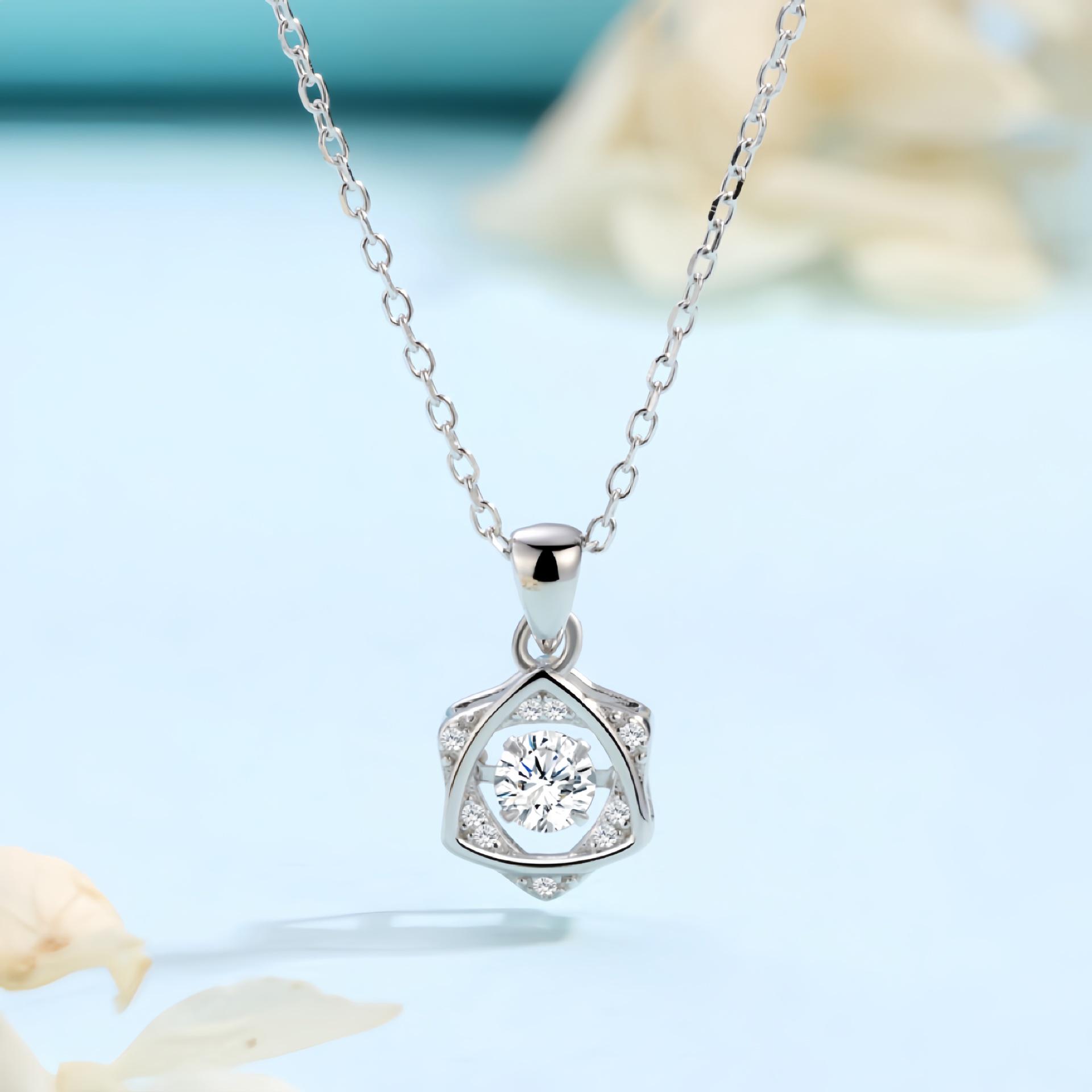 S925 Sterling Silver Hexagram Pendant Necklace with Rhinestone Inlay - Korean Style Sterling Silver 925