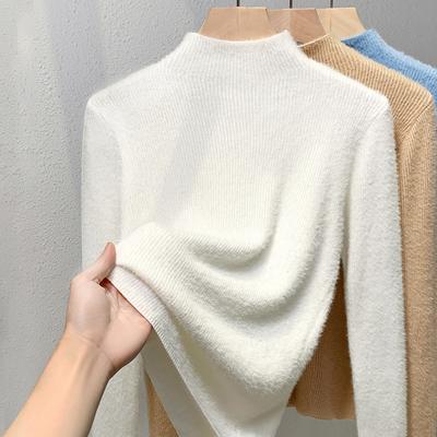 Nuevo Estilo de Otoño e Invierno para Mujer con Suéter de Terciopelo de Cuello Alto Medio para Ropa Interior Exterior, Camiseta Básica Tejida de Terciopelo Integrado