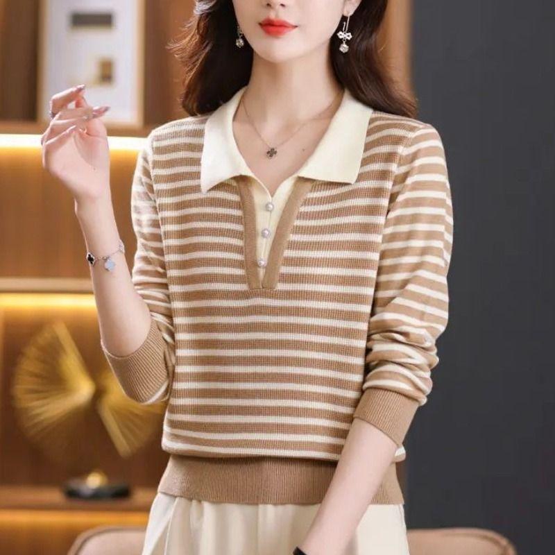 Spring Lapel Fake Two Piece Sweater Women's Panelled Stripe V-neck Button Fashion Loose Casual Patchwork Knitted Top