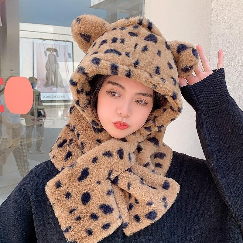 Plush Leopard Print 3d Hooded Hat With Neck Warmer For Winter Warmth