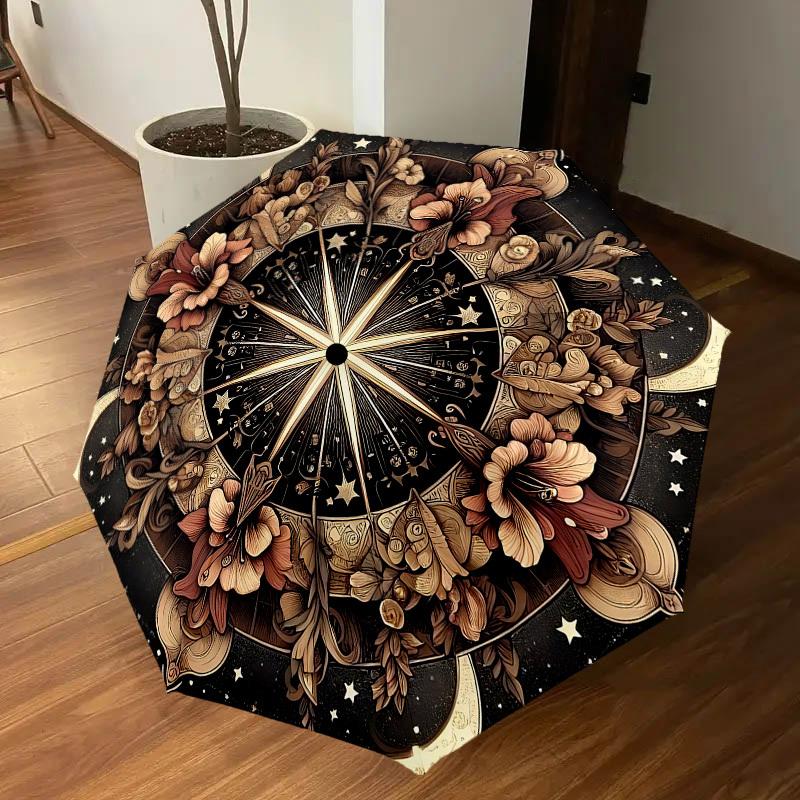 1PC Floral CompassAutomatic Open/Close Umbrella with Windproof, 8-Rib Sturdy Canopy, Durable Ribs, Fashionable Design, Outdoor Accessory, Fun Prin, Ho