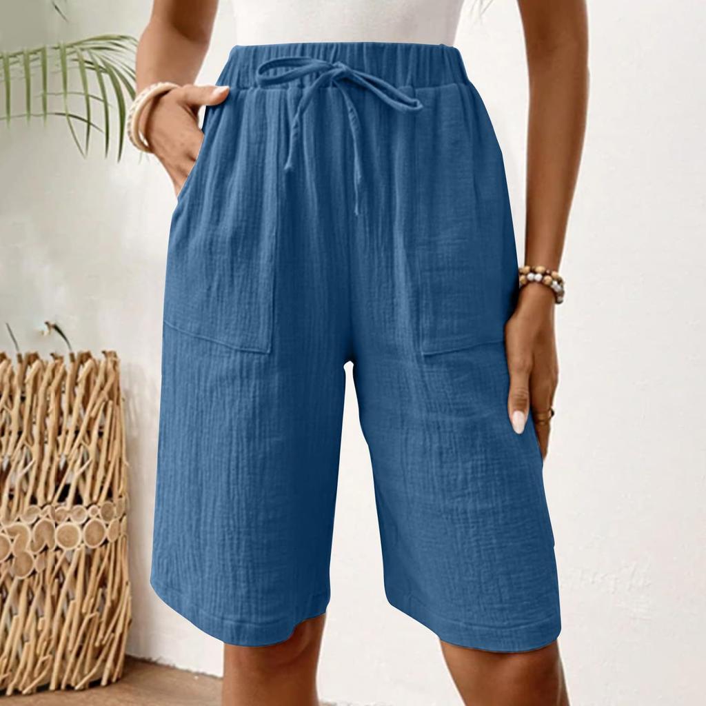Women's Mid Rise Drawstring Cotton Linen Bermuda Shorts Loose Solid Color Casual Knee Length Shorts With Side Pockets For Summer Daily Wear