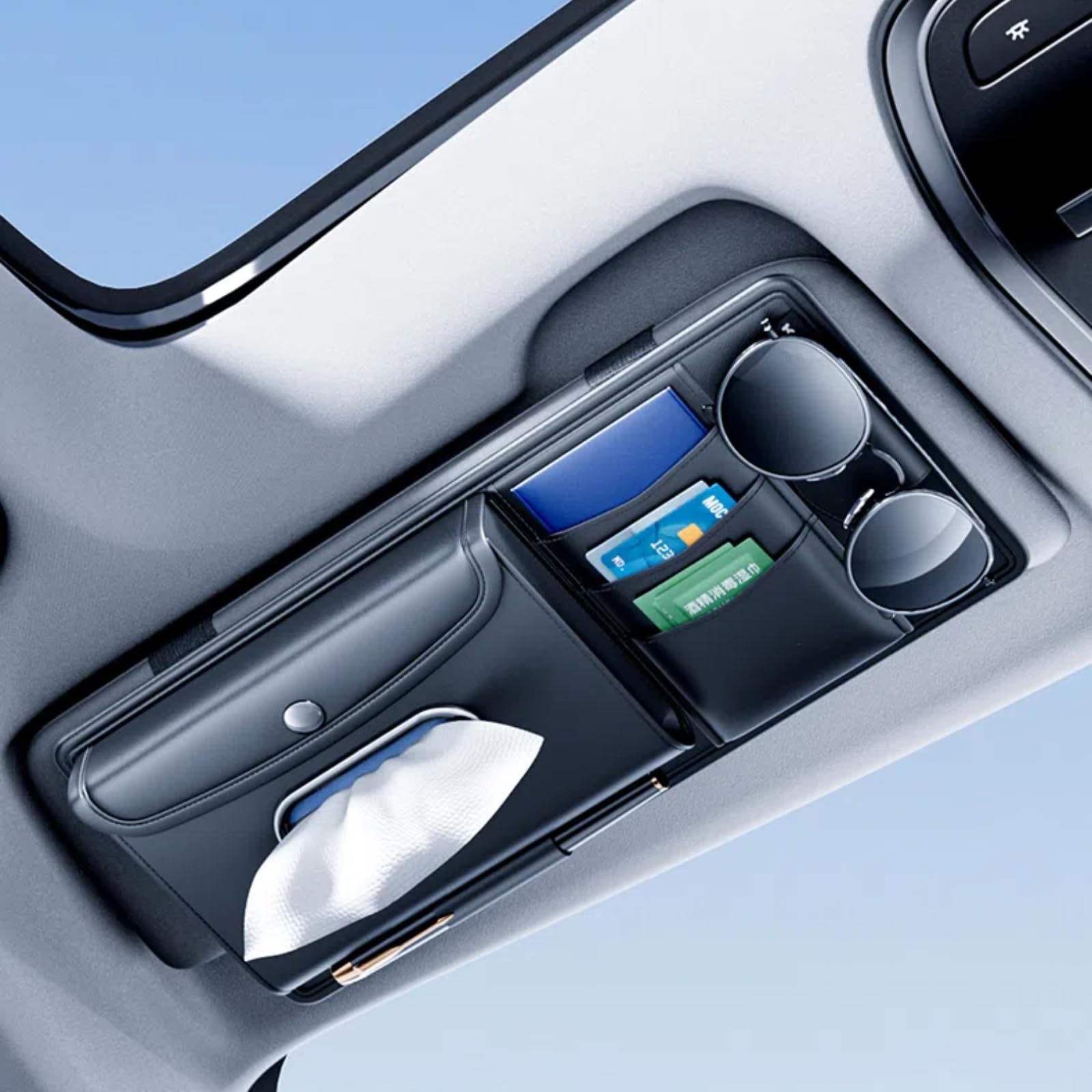 

EXCEREY Car Sun Visor Multifunctional Leather Magnetic Card Holder with Separate Storage and Separate Tissue Elastic Band Pocket, Box, Design,