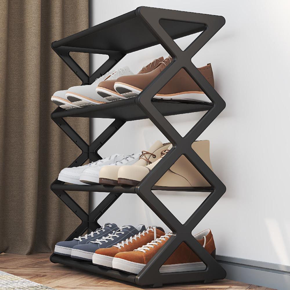 Four-Tier Folding Shoe Rack - a Space-Saving Storage Solution That Can Hold 8 Pairs of Shoes, Featuring an X-Shaped Plastic Frame, Vintage Design