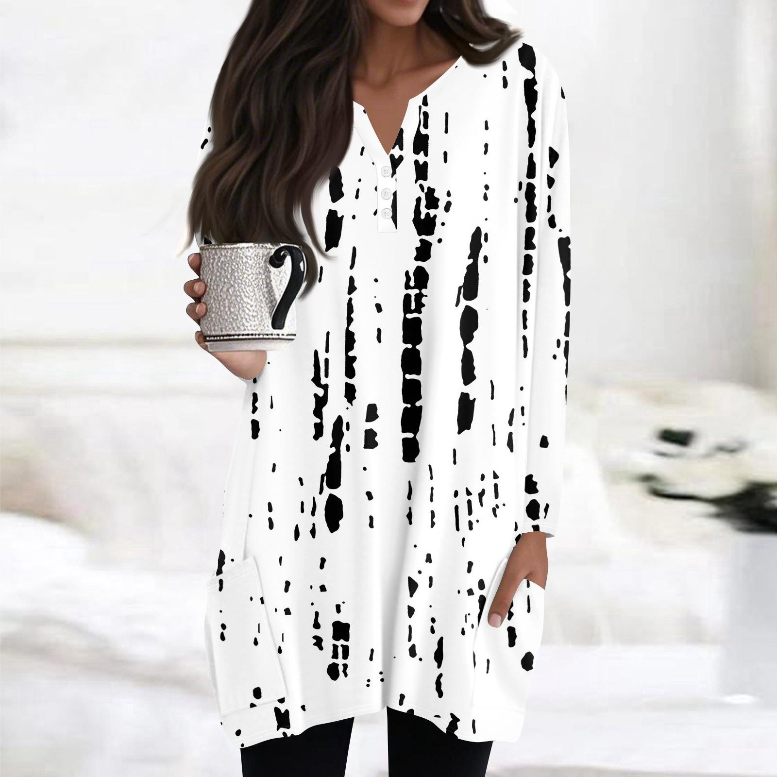 

Женские топы V-образный вырез пуговицы длинный рукав блузки повседневные средней длины рубашки модный принт туника топы с карманами L белый