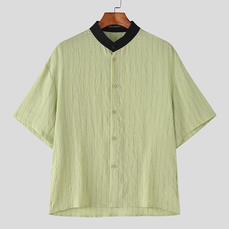 

INCERUN Men Splicing Collarless Short Sleeve Striped Casual Shirts XL зелёный