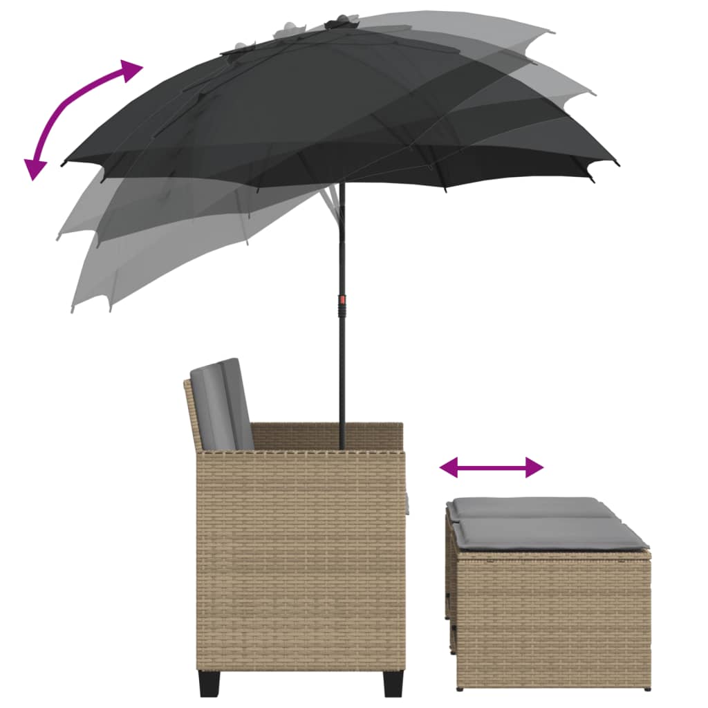 2 Seater Garden Sofa with Sun Umbrella and Footstools Beige Poly Rattan