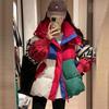 Women's Winter Cotton Coat - Color Block Hooded Jacket with Knitted Sleeves and Letter Design