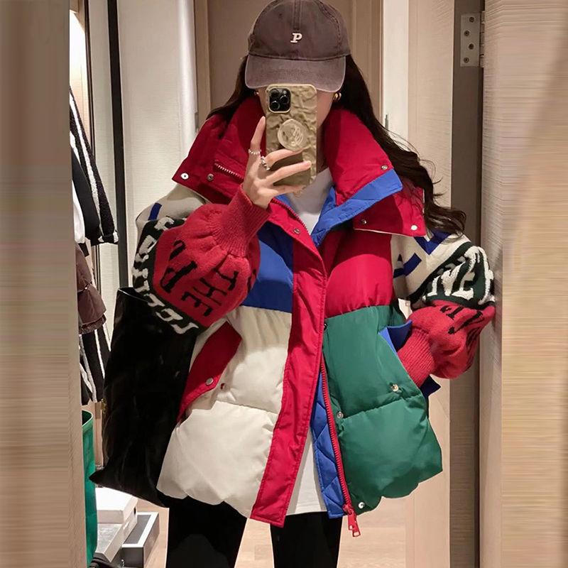 Women's Winter Cotton Coat - Color Block Hooded Jacket with Knitted Sleeves and Letter Design