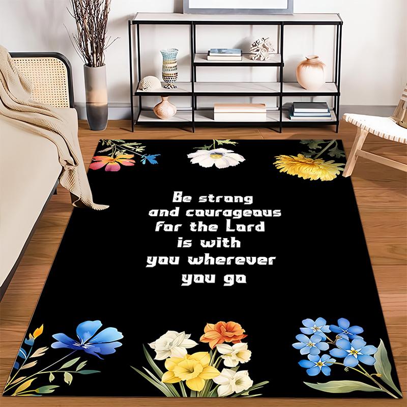 "Floral Courageous Bible Verse Rug - Non-slip Rug Suitable for Living Room and Bedroom Sofas"