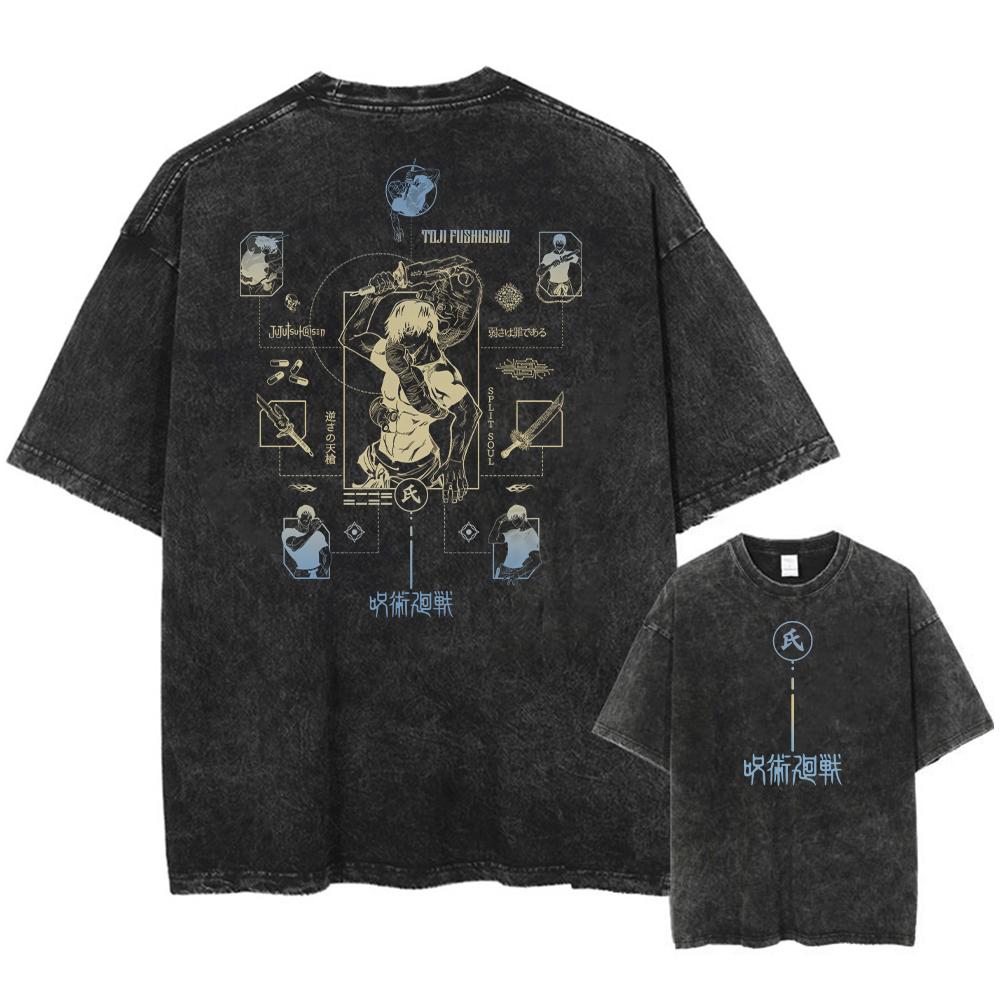 Printed Jujutsu Kaisen Acid T Shirt Short Sleeve Streetwear Cotton T-shirt Anime Graphic Retro Loose T Shirt Washed Top