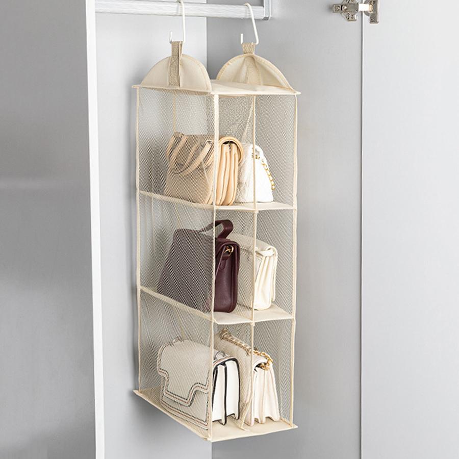 Neue Faltbare Aufbewahrungstasche für den Kleiderschrank Transparent Hängender Handtaschen-Organizer Mehrlagig mit Haken Aufbewahrungsbeutel Kleiderschrank