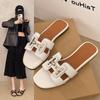 Papuci de vară noi versiune coreeană 2025, modă pentru femei, cu talpă plată, cu vârf pătrat, papuci cool, de vacanță, cu o bandă, pantofi de plajă