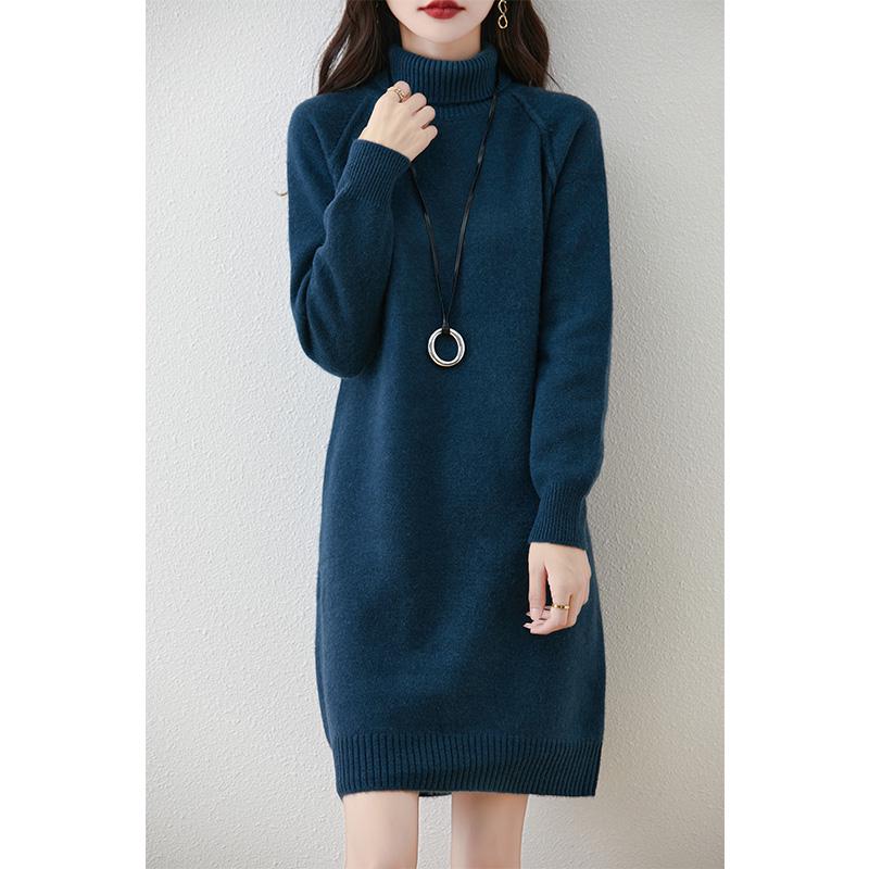 Damen Verdicktes Woll-Rollkragenkleid - Mittellang, Lockere Passform, Überschnittene Schulter, Herbst-/Winter-Stil