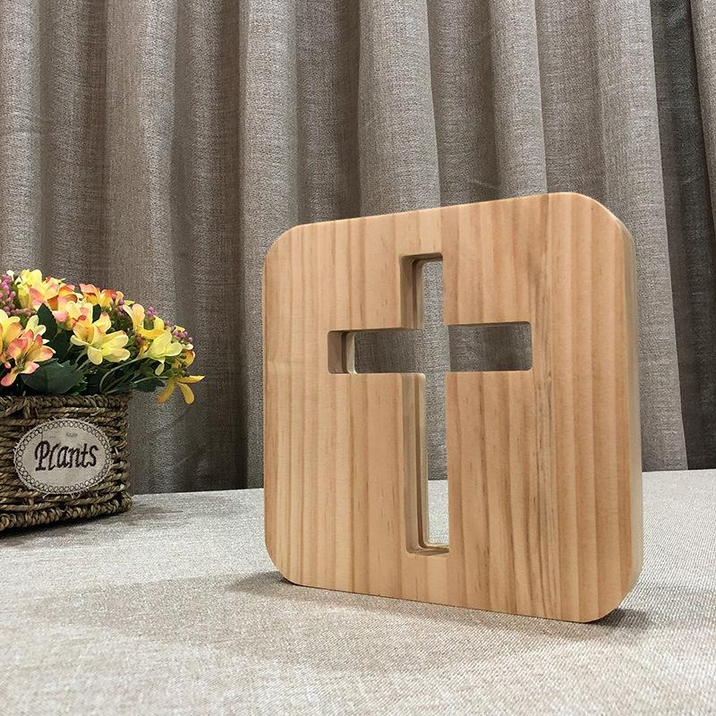 New Creative 3D Wooden Night Light Cross Solid Wood Pine Craft Table Lamp