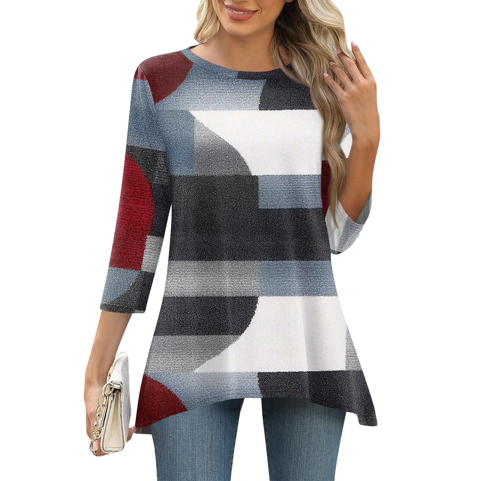 

3/4 рукав туника топы для женщин принтованный повседневный выходной свободный крой модная базовая футболка с круглым вырезом M