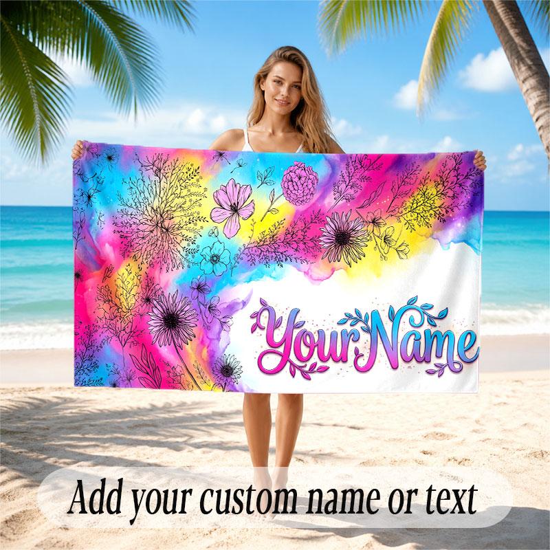 Floral Garden Theme Soft Beach Towel Personalized Custom Name Text Towel Portable for Beach Pool Travel