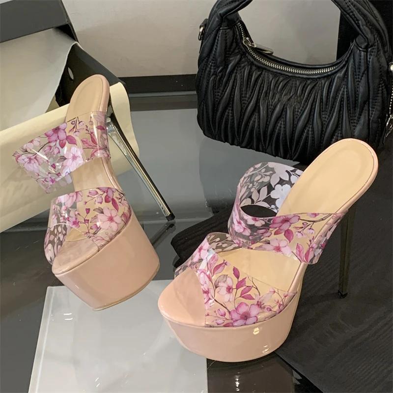 Eilyken Summer PVC Transparent Platform Open Toe Women Slippers Sexy Flower Stiletto High Heels Banquet Party Prom Shoes