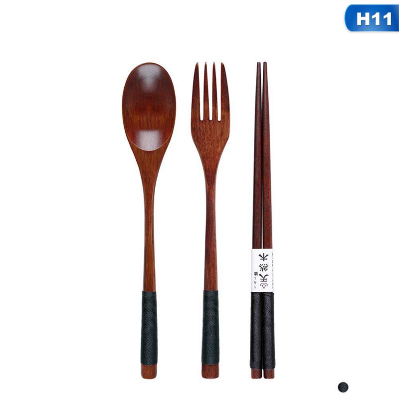 Ξύλινο Πιρούνι Κουτάλι Σετ Τριών Τεμαχίων Ιαπωνικό Κορεατικό Στυλ Ταξιδιωτικά Φορητά Επιτραπέζια Σκεύη Ωραία Επιτραπέζια Σκεύη Συσκευασία σε Τσάντα