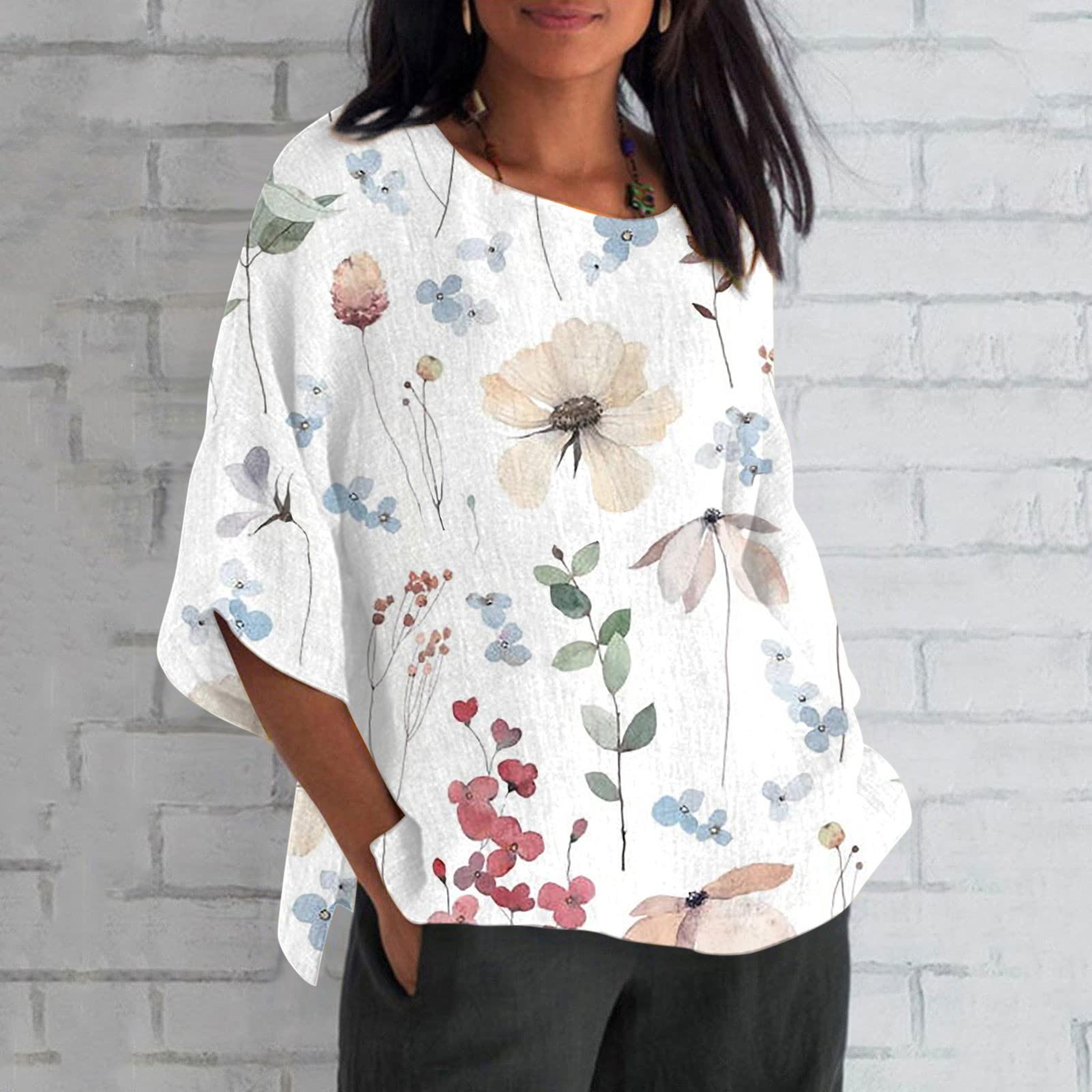 

Женская летняя хлопково-льняная футболка, топы, свободная блузка с принтом, винтажная одежда с круглым вырезом и рукавами 3/4, одежда больших размеров XL хаки