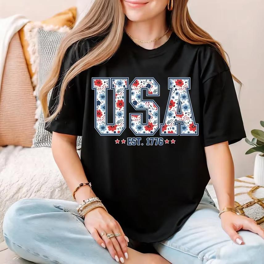 

Aesthetic USA EST 1776 TShirt Vintage Floral Alphabet Graphic Tee Unique Patriotic Star and Flower White Top for Her 4XL