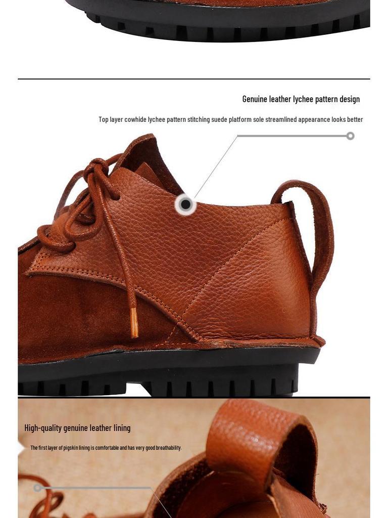 Women's High-Top Genuine Leather Ankle Boots - Soft Sole, Flat Heel, Lace-Up, Comfortable & Lightweight, 2025 Autumn/Winter Collection