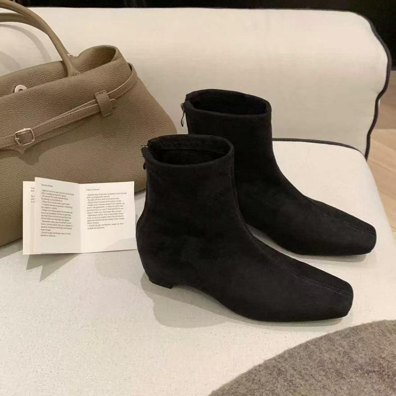 Height Increase 0CM~ New Square Head Elastic Thin Short Boots Women's Inner Height Increase After Zipper Thick Heel Boots Autumn and Winter Versatile