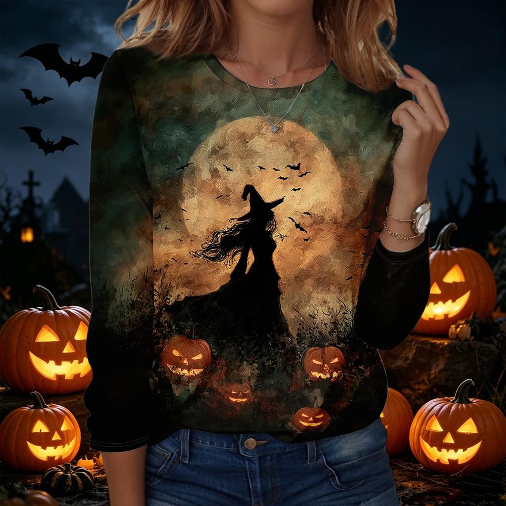 Women's Halloween Printed Crewneck Long Sleeve Pullover Sweatshirt Casual Fit Lightweight Top for Seasonal Wear