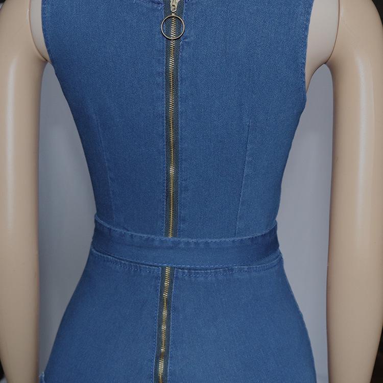Women's European & American African Denim Halter Jumpsuit: Whitened, Washed, Stretchy, Tie Waist Belt.