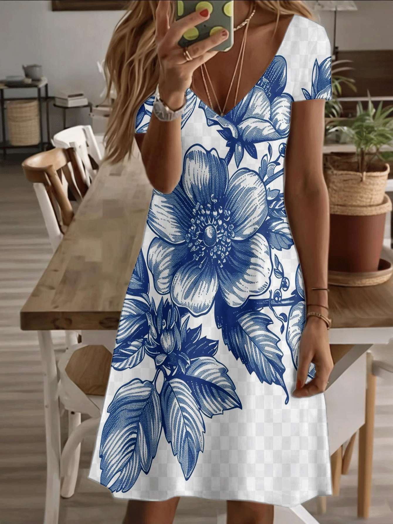

Vneck shortsleeve midi dress blue floral women print pattern 3D premium printing durable fabric casual fashion summer outfit elegant beach style bohem 4XL дубильная кора