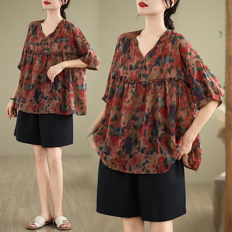 Dimanaf 2025 Summer Plus Size Women Vintage T-Shirt Basic New Fashion Floral Tops Tees Casual Loose Maxi