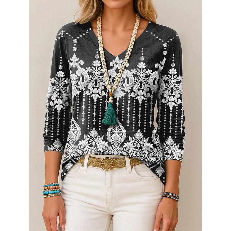 

Туника Графический Пейсли V-образный вырез Длинный рукав Женские футболки Элегантные Модные Винтажные футболки Обычные Пуловеры Топы 4XL