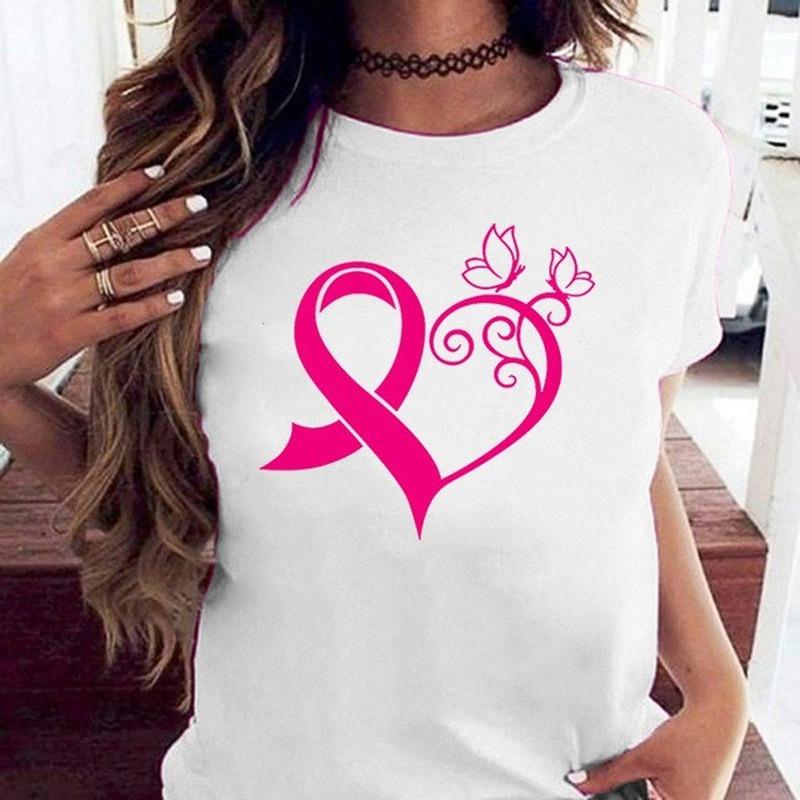 Pink Ribbon Heart Print Women T Shirt Short Sleeve O Neck Loose Women Tshirt Ladies Tee Shirt Tops Camisetas Mujer