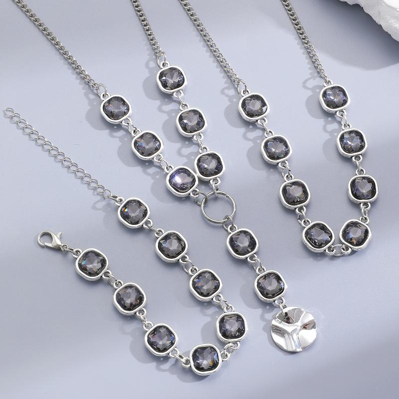 Fashionable Square Black Diamond Necklace Set Simple Geometric Inlay Splice Earrings Bracelet Necklace Jewelry Accessories Gifts