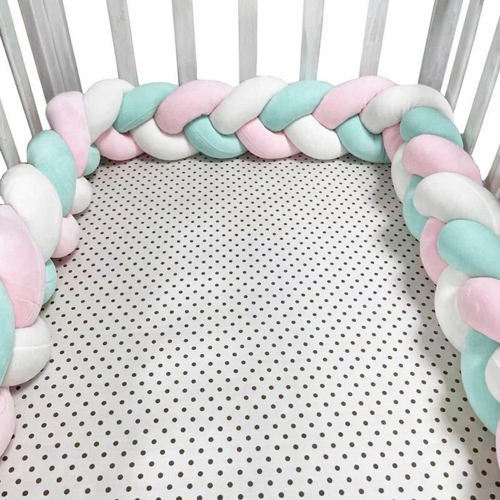 Three-strand knitted crib bumper, cable knit crib bumper