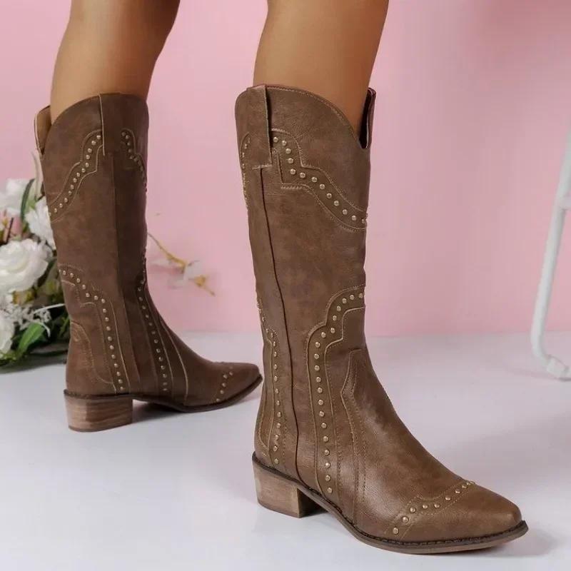 New Shoes Female Mid-Calf Women's Boots Retro Modern Boots Women Rivet Sewing Pointed Toe Slip-on Chunky Heel Shoes Women
