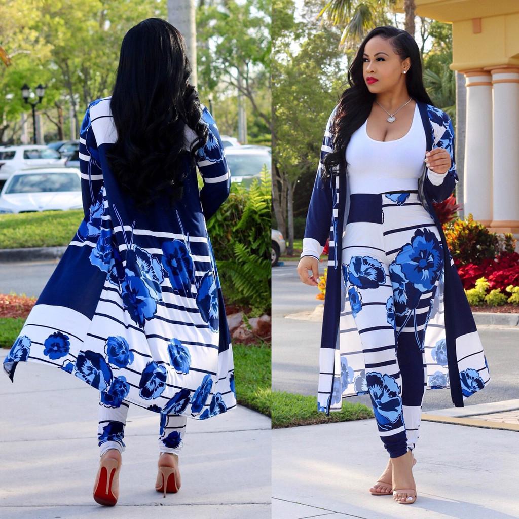 Womens Sexy Printing Cardigan Coat Long Sleeve Two-Piece Set Fashion Lady Suit