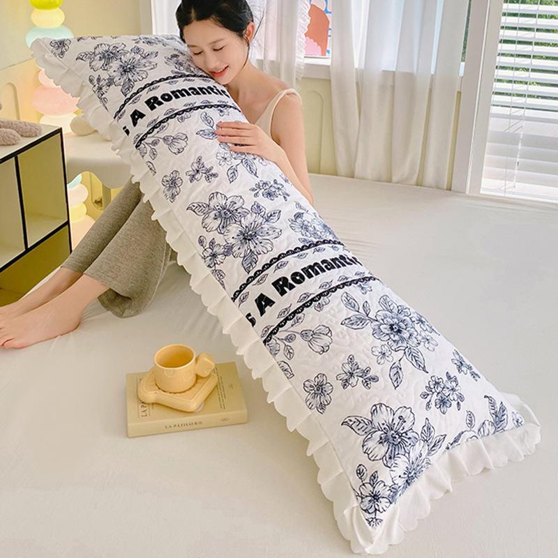 Skin Friendly and Breathable Four Season Cotton Lace Double Pillowcase for Couples Thick and Long Pillow Core Home Bedside Backrest Bedclothes