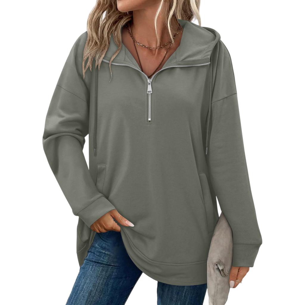 Women's Fashionable Solid Color Hooded Long Sleeved Pocket Pullover Sweatshirt Top