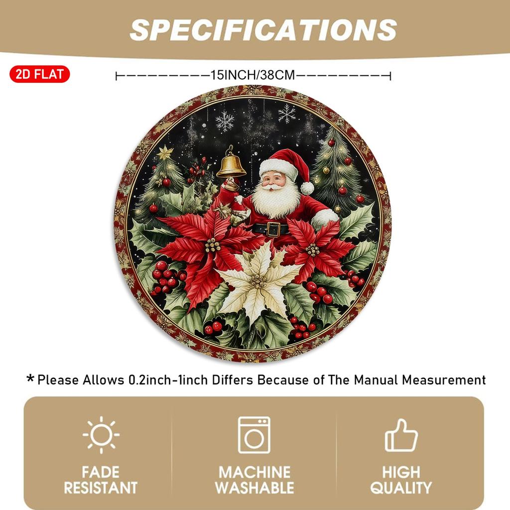 of 4/6 Round Placemats with a Christmas Theme Featuring Santa Claus, Bells, Poinsettias, And Snowflakes, Suitable for Holiday for party Decor, Family